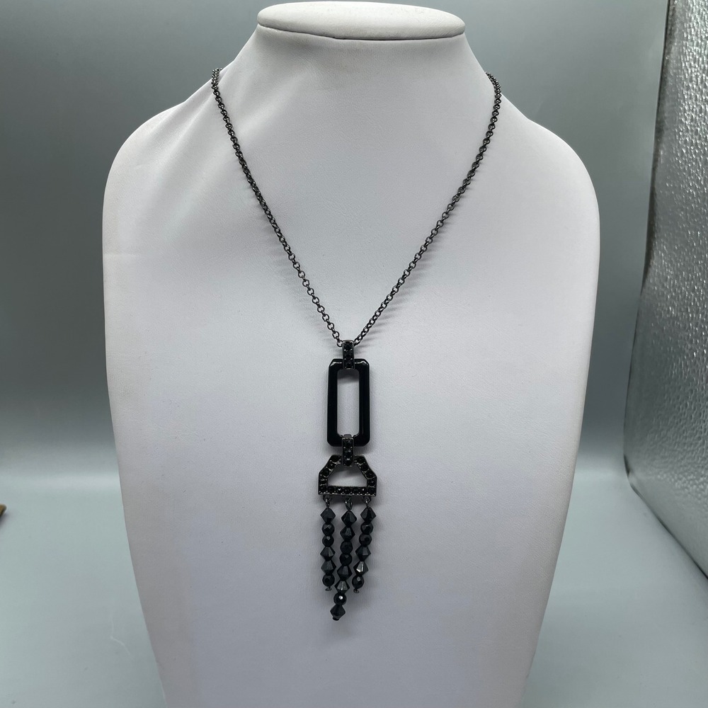 Liz Claiborne Black Geometric Beaded Fringe‎ Pendant Necklace Gunmetal Tone LC